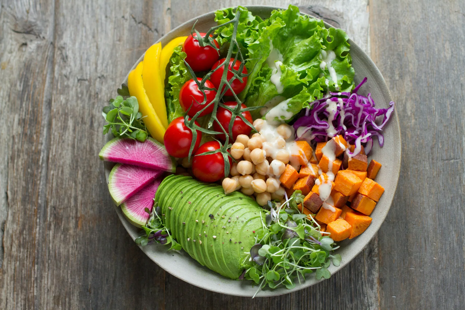 Colourful balanced meal with fruit, vegetables and familiar everyday food